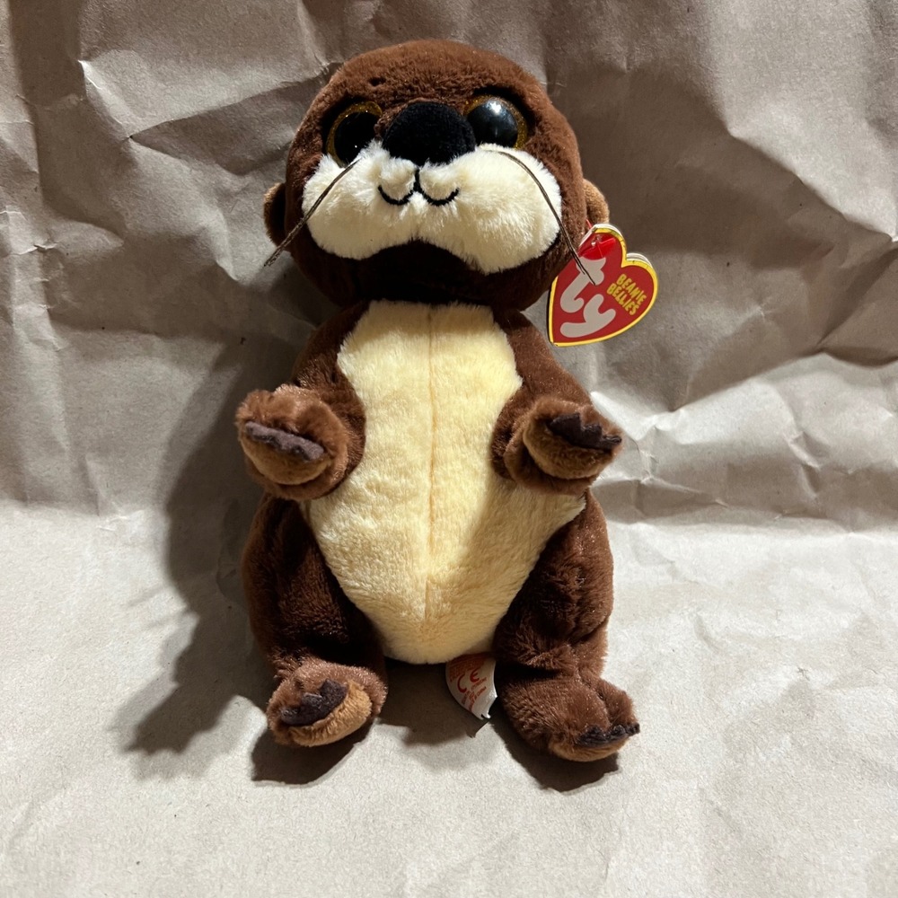 Ty Mitch Beanie Bellies Otter Brown Plush Stuffed Animal Gold Eyes NEW